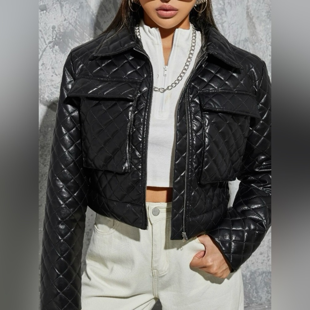 Flap Pocket Quilted PU Leather Jacket